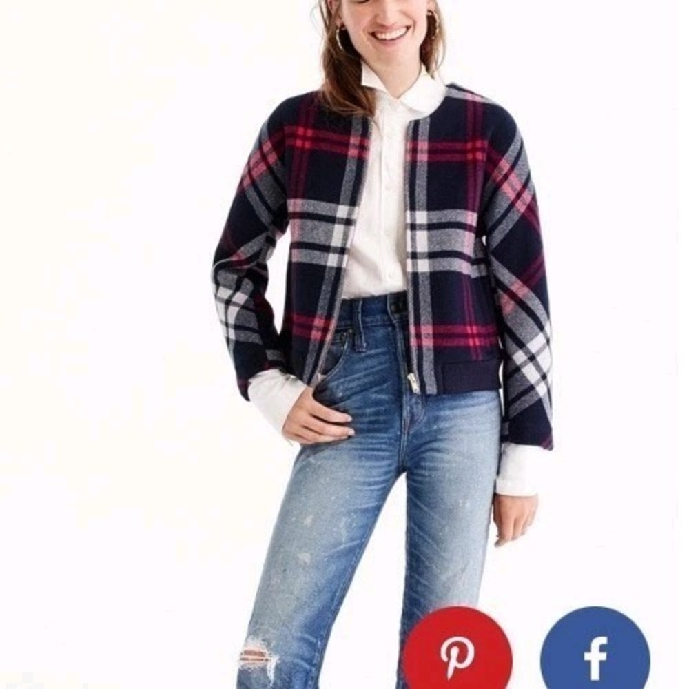 J. CREW Wool Jacket Sz L Blue‎ Plaid Full Zip Preppy Academia